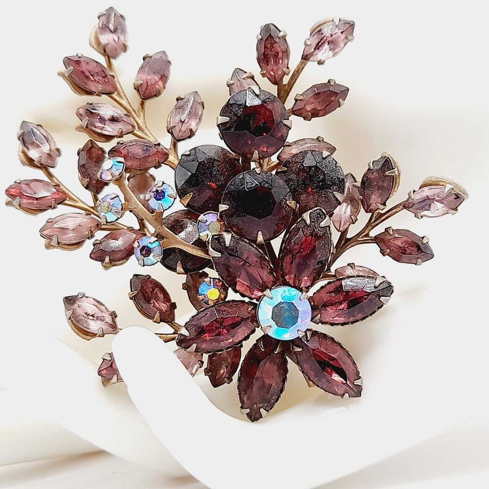 Vintage Purple Rhinestone Floral Spray Brooch 1950s Large 3 Inch